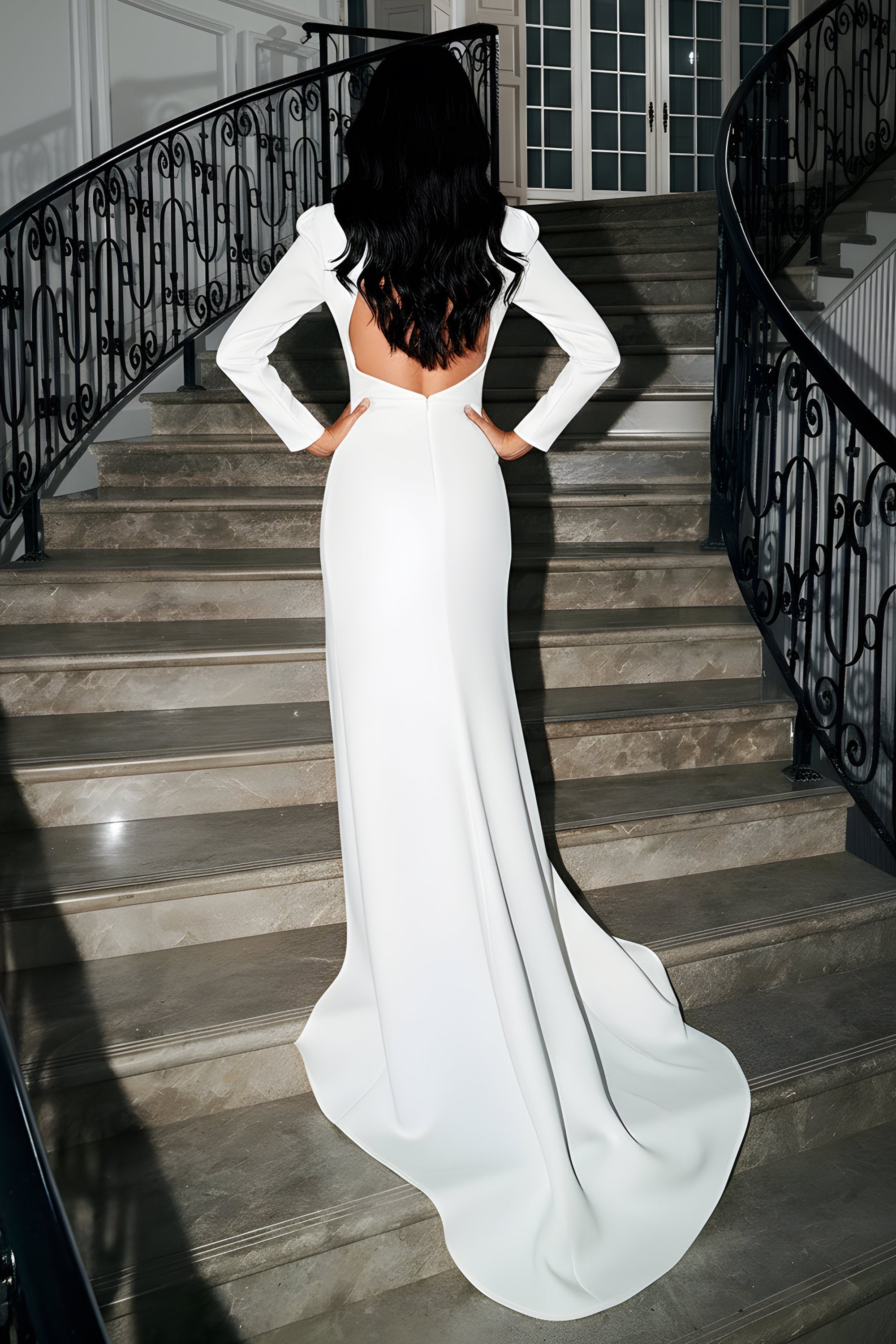 Long Sleeve Embellished Illusion Neckline High Slit Evening Gown