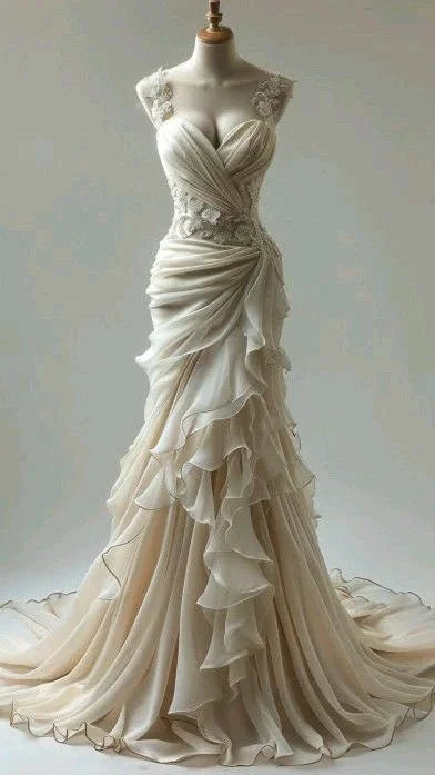 Luxury Ivory Chiffon Appliques Layered Pleated Prom Evening Dress Formal Mermaid Wedding Dress Y8031 by simplepromdress