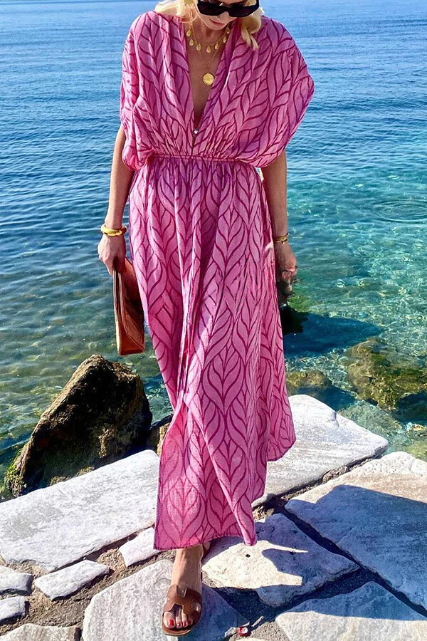 Adriana Boutique Printed Kimono Beach Maxi Dress with Drawstring Design Elevated Occasion Wear