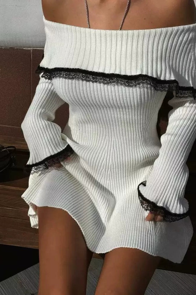 Lace-Trimmed Knit Off-Shoulder Mini Sweater Dress - VelvetHem