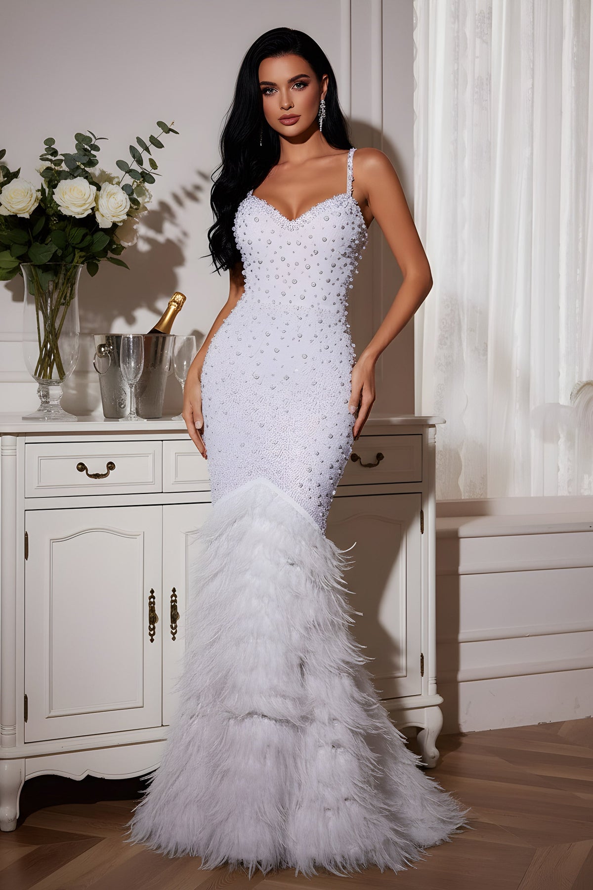 Elegant Beaded Mermaid Evening Gown with Feather Hem - VelvetHem