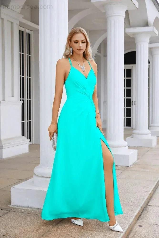 Ladies Chiffon Spaghetti Strap V Neck Front Slit Floor Length Bridesmaid Evening Dress Prom Party Wedding Evening Dress 28116 (ZD17012)