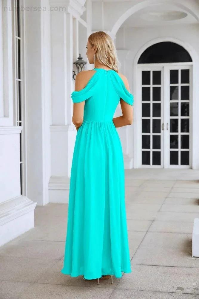 Ladies Chiffon Off Shoulder Swing Sleeve Front Slit Bridesmaid Evening Dress Wedding Party Evening Dress 28117 (ZD17011)