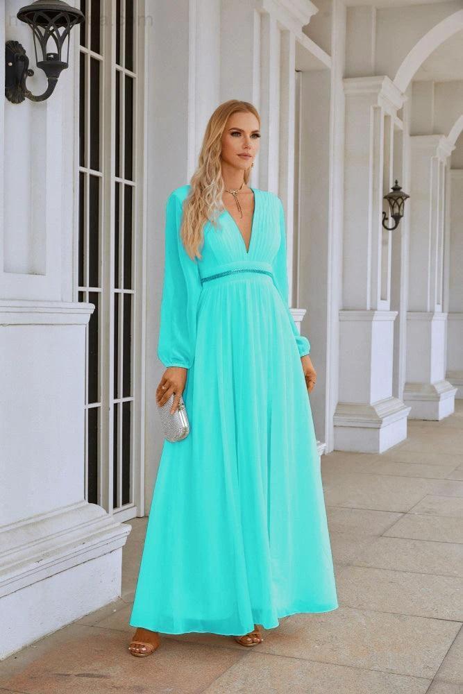 Ladies V Neck Chiffon Long Sleeve Front Slit Bridesmaid Evening Dress Wedding Party Shopping Evening Dress 28109 (ZD16991)