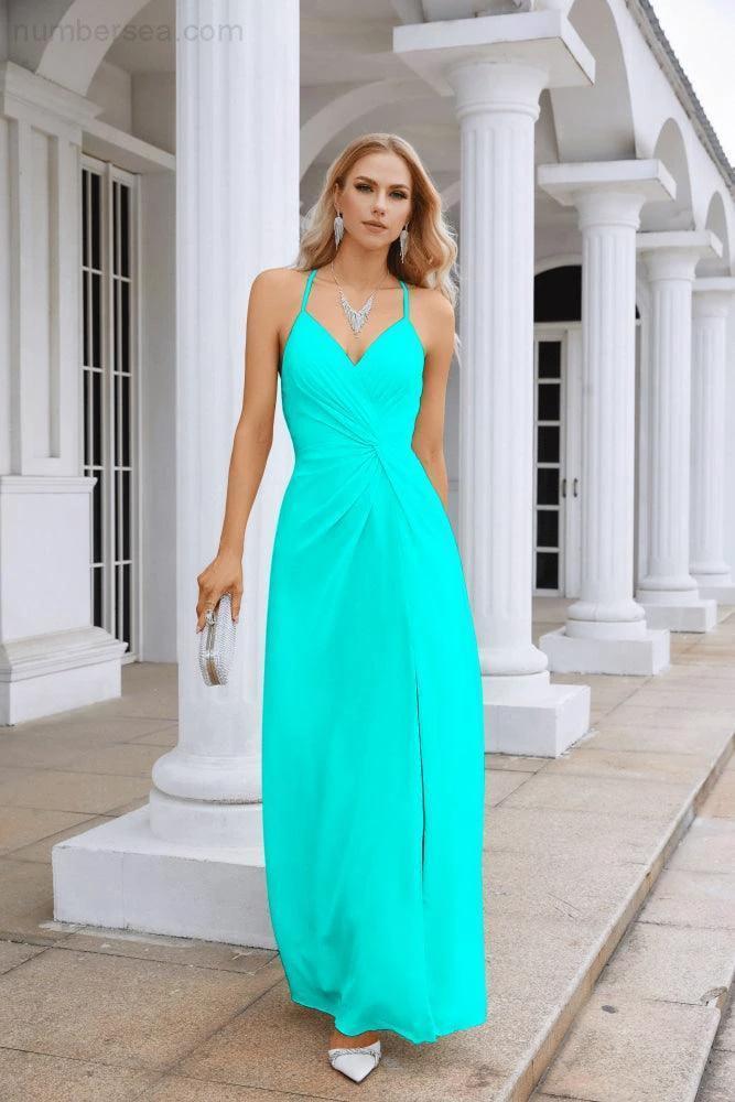 Ladies Chiffon Spaghetti Strap V Neck Front Slit Floor Length Bridesmaid Evening Dress Prom Party Wedding Evening Dress 28116 (ZD17012)