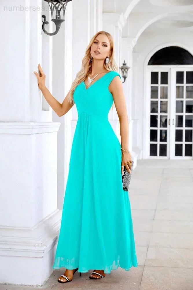 Ladies Chiffon V Neck Sleeveless Floor Length Bridesmaid Evening Dress Wedding Party Evening Dress 28126 (ZD16989)