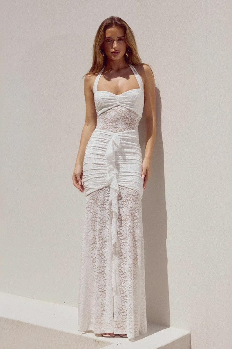 Slim Fit Halter Lace Dress - VelvetHem