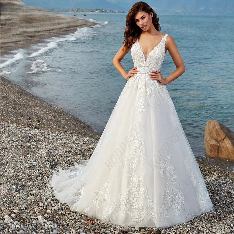 Elegant A-line Wedding Dress For Women Dreamy V-Neck Backless Bride Party Vintage Tulle Vestido De Noiva Minimalistas (ZD13455) - VelvetHem