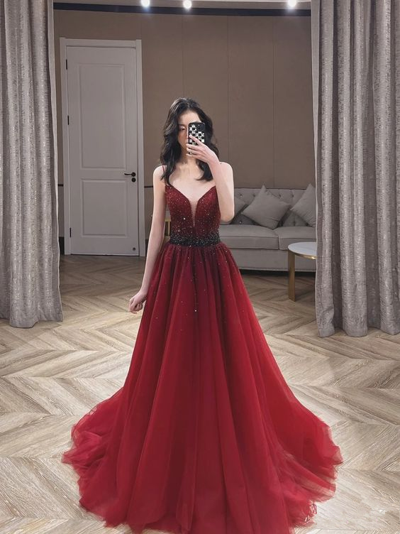 Burgundy Tulle Beaded Long Prom Dress, A-Line Spaghetti Strap Evening Dress - VelvetHem