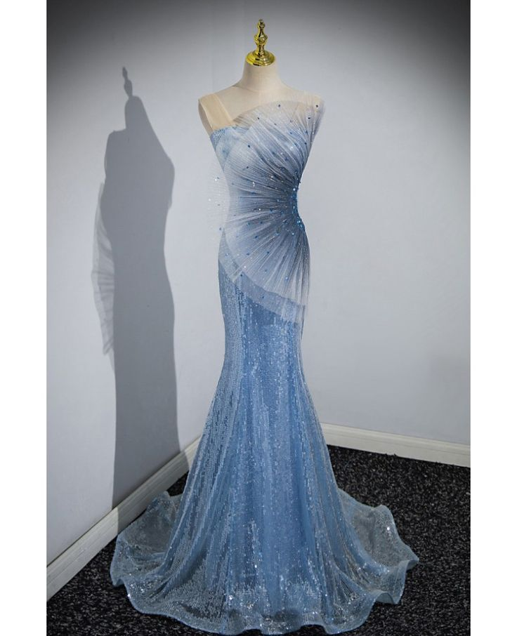Stylish Mermaid Sequin Blue Scalloped Prom Dress Shiny Party Evening Dress - VelvetHem
