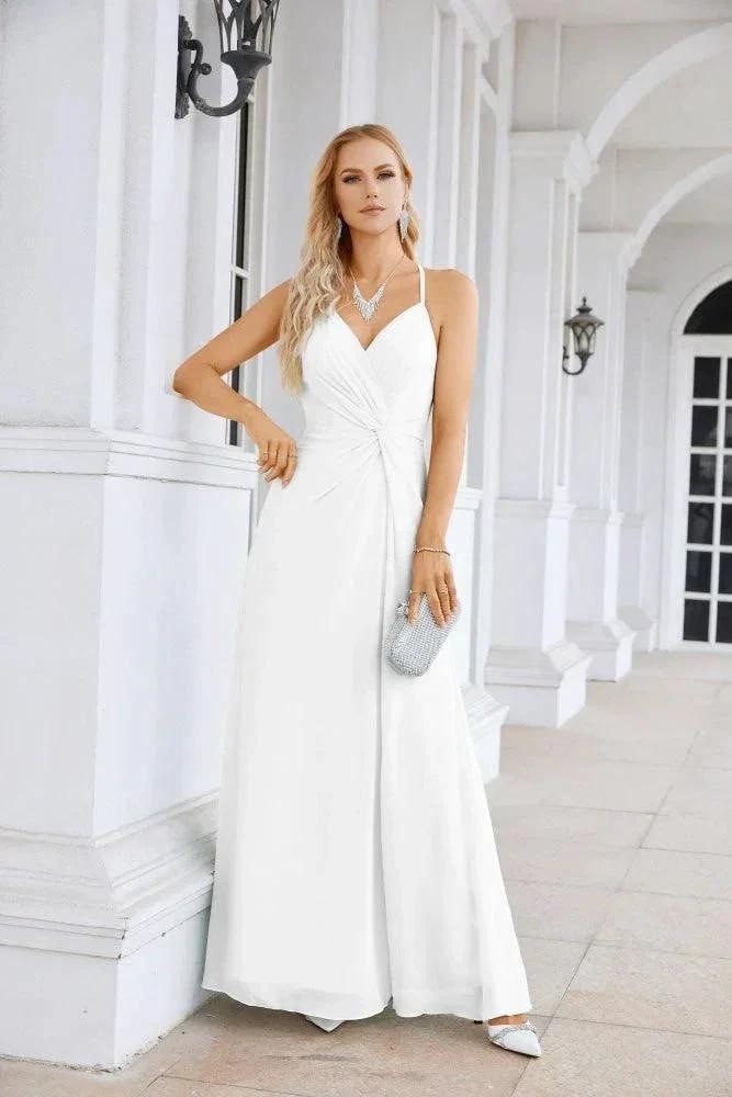 Ladies Chiffon Spaghetti Strap V Neck Front Slit Floor Length Bridesmaid Evening Dress Prom Party Wedding Evening Dress 28116 by numbersea