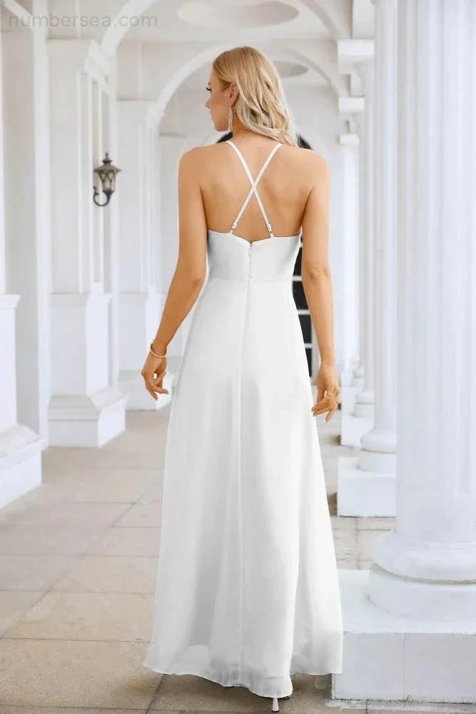 Ladies Chiffon Spaghetti Strap V Neck Front Slit Floor Length Bridesmaid Evening Dress Prom Party Wedding Evening Dress 28116 (ZD17012)