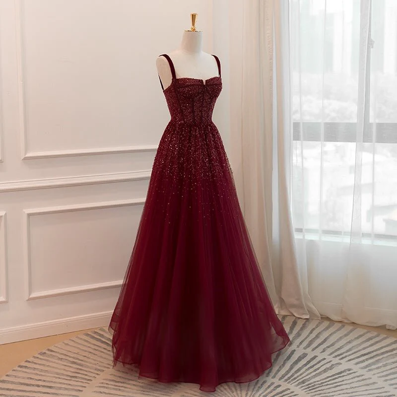 Burgundy Tulle Sequins A Line Ball Gown Glitter Party Evening Dress - VelvetHem
