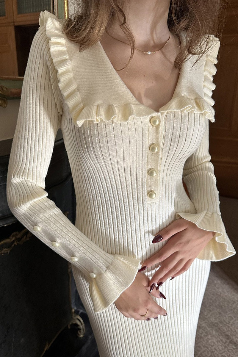 Chic Ruffled Collar Knitted Maxi Sweater Dress - VelvetHem