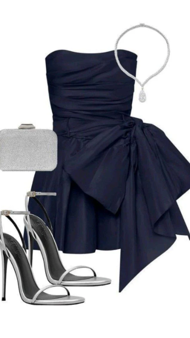 Navy Blue Strapless Short Homecoming Dress with Bow - View 2 | VelvetHem