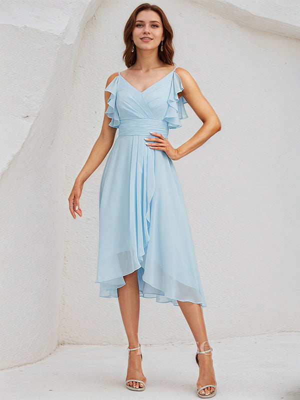 Sky Blue Chiffon A Line V Neck Sleeveless Asymmetrical Bridesmaid Dress - VelvetHem