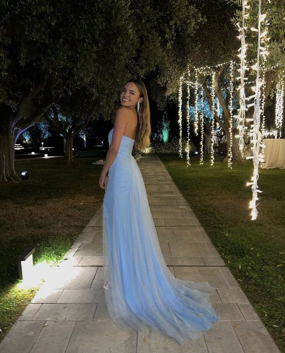 Sexy A Line Long Strapless Light Blue Slit Prom Dresses - VelvetHem