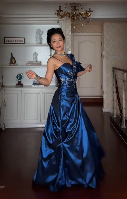 Elegant Spaghetti Straps Navy Blue Satin Pleated Beaded Long Party Dress Prom Gown - View 2 | VelvetHem