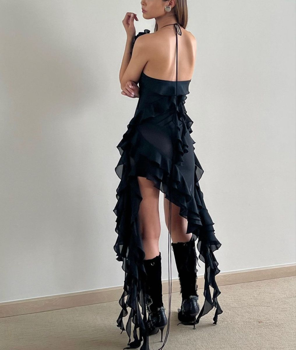 Sexy Hot Pink Halter Chiffon Ruffles Long Birthday Party Dress Formal Prom Dress - View 4 | VelvetHem