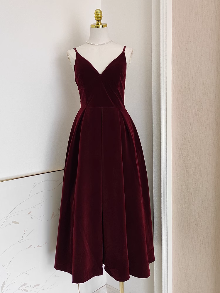 Simple A line Sleeveless Burgundy Velvet Party Dress Holiday Birthday Dresses For Women - VelvetHem