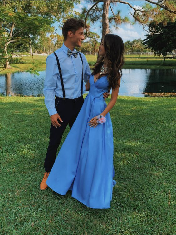 Chic A-line Blue V Neck Prom Dress,Blue Formal Dress - VelvetHem