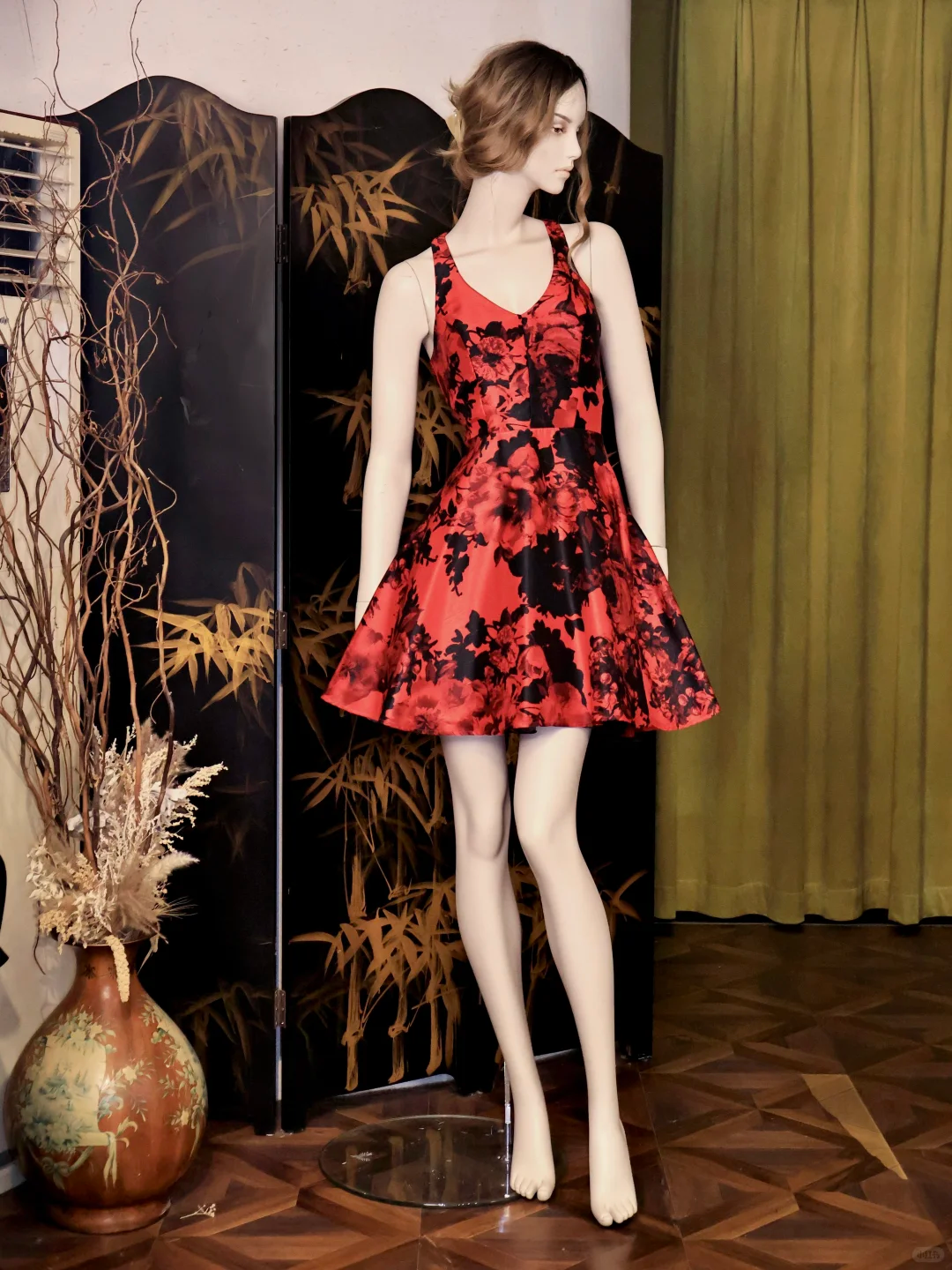 Vintage V Neck Red Satin Print Floral A Line Birthday Party Dress Bow Backless Formal Homecoming Dress - VelvetHem