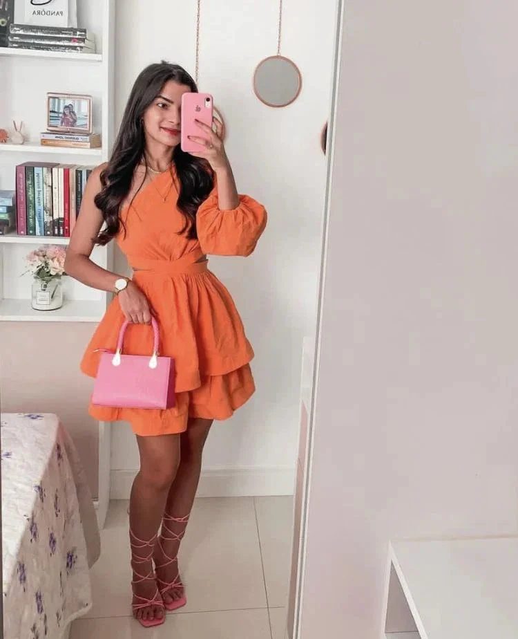 Orange A-line One Sleeve Homecoming Dress 18th Birthday Party Dress Y5497 by simplepromdress