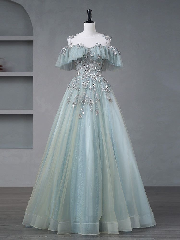 Elegant Off The Shoulder Tulle Appliques Prom Dress,Formal A Line Party Evening Gown - VelvetHem