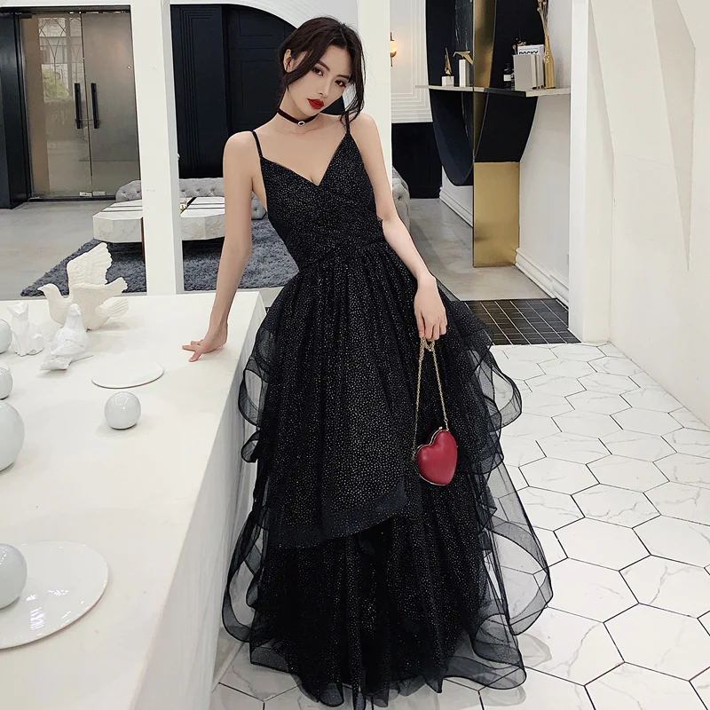 Black tulle sequins prom dress evening dress Y1021 - VelvetHem