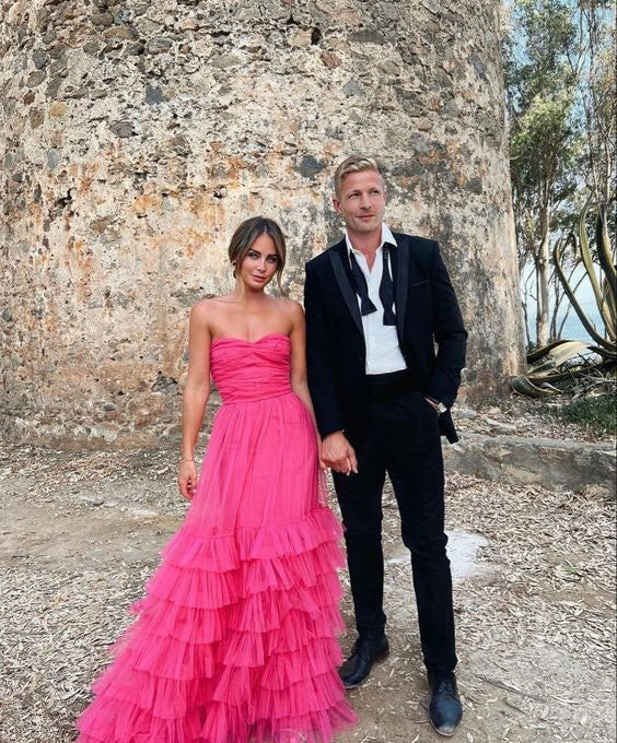 Sweetheart A-line Hot Pink Straps Long Evening Prom Dresses, Custom Prom Dress - VelvetHem