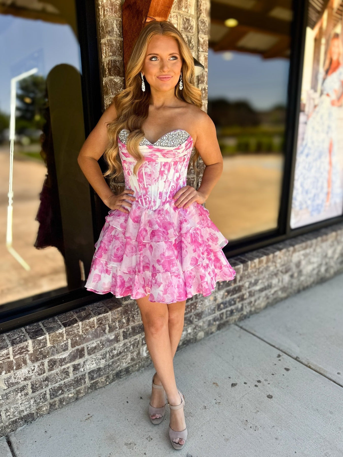 Cute A Line Sweetheart Pink Floral Printed Short Homecoming Dress with Ruffles