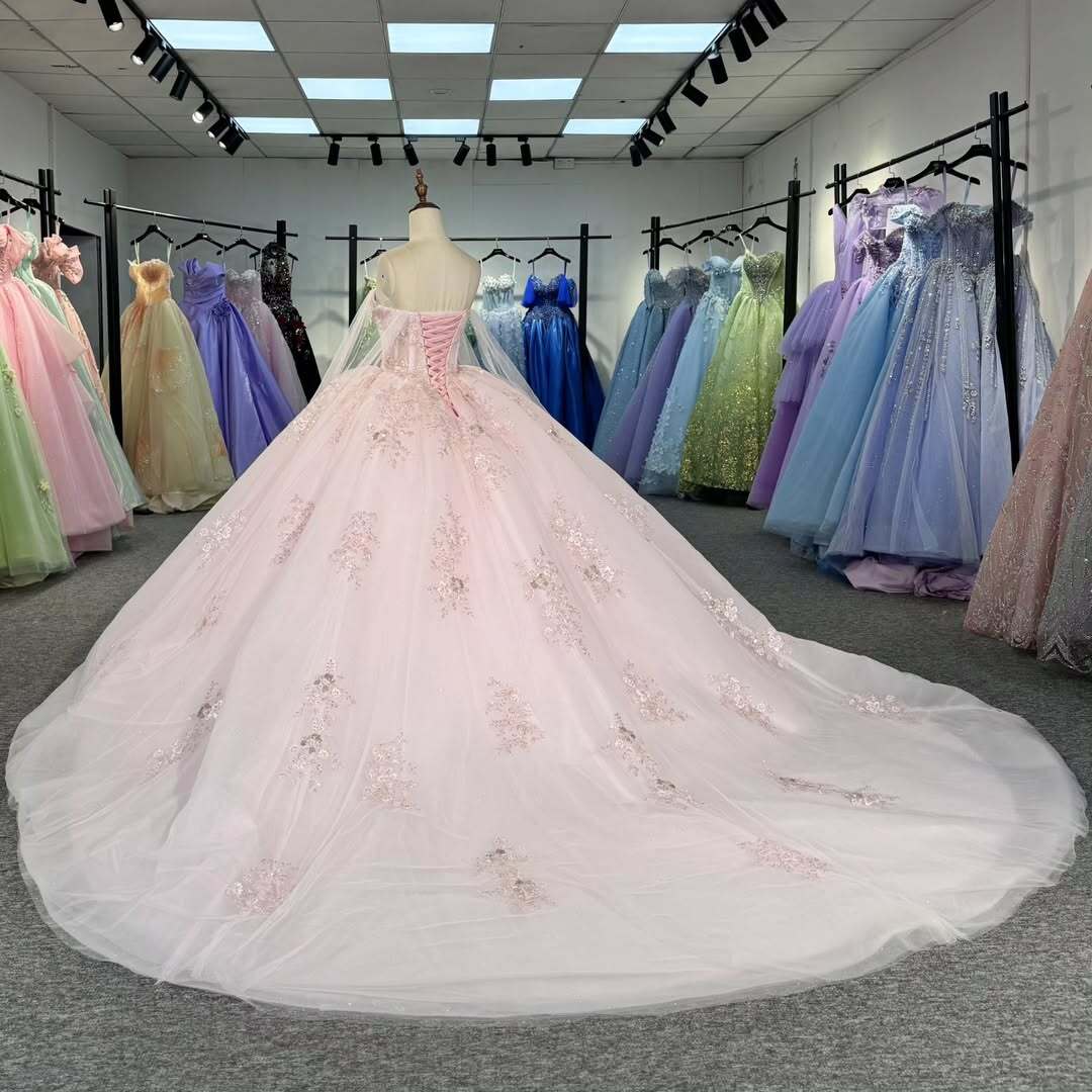 Elegant A Line Spaghetti Straps Pink Ball Gown Quinceanera Dress with Appliques Beading - View 4 | VelvetHem