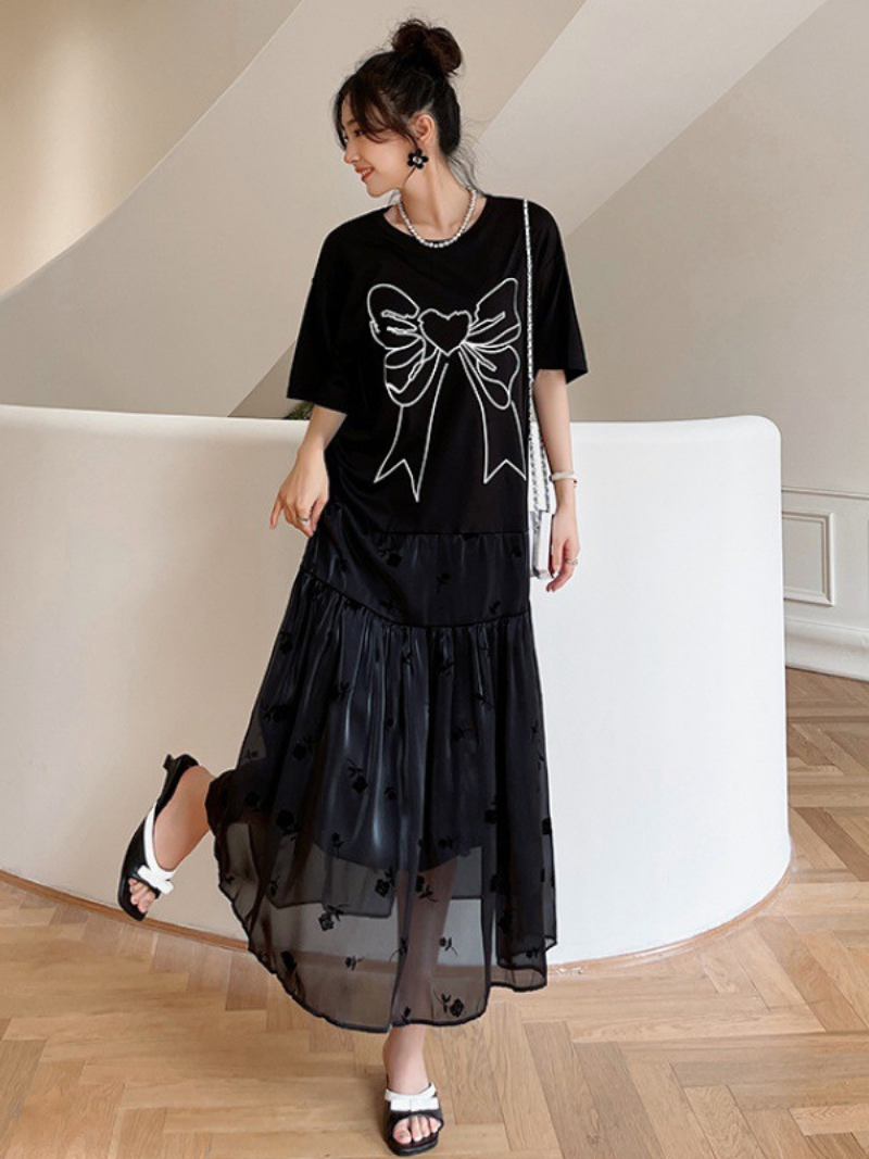 Summer Black Round Neck Short Sleeve A Line Casual Dress