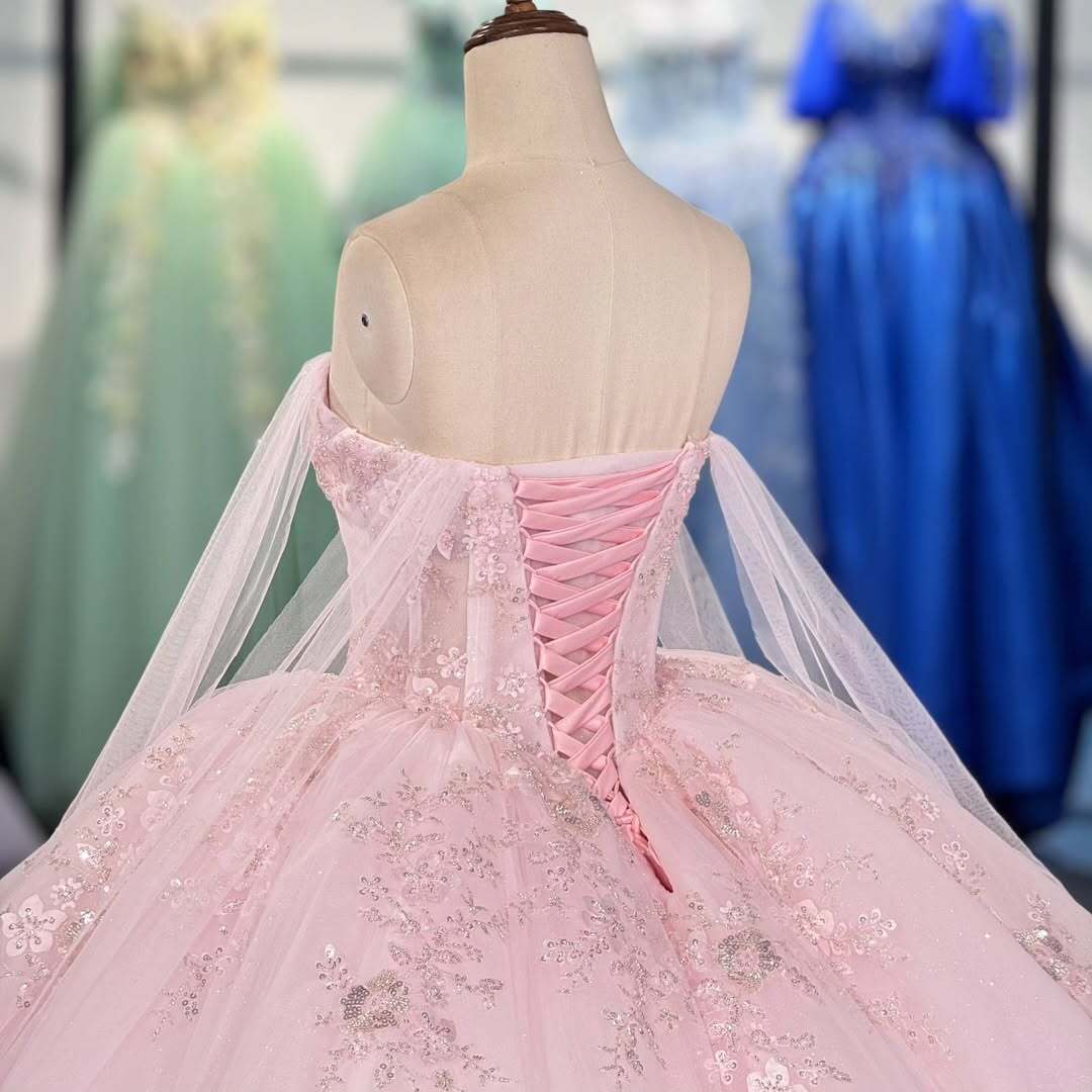 Elegant A Line Spaghetti Straps Pink Ball Gown Quinceanera Dress with Appliques Beading - View 2 | VelvetHem