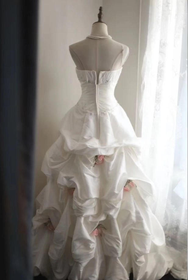 Elegant Strapless Ball Gown White Satin Pleated Floral Long Wedding Dress - View 6 | VelvetHem