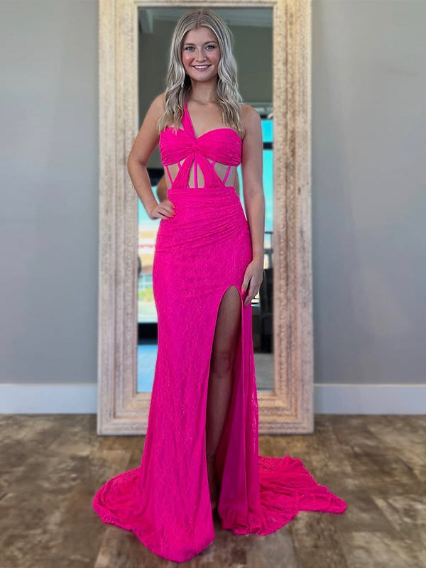 Hot Pink Mermaid One Shoulder Long Lace Prom Dress with Slit - VelvetHem