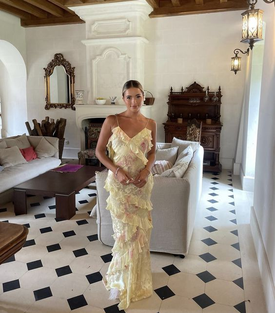 Pretty Yellow Print Chiffon Ruffles Party Evening Dress Long Prom Dress - VelvetHem