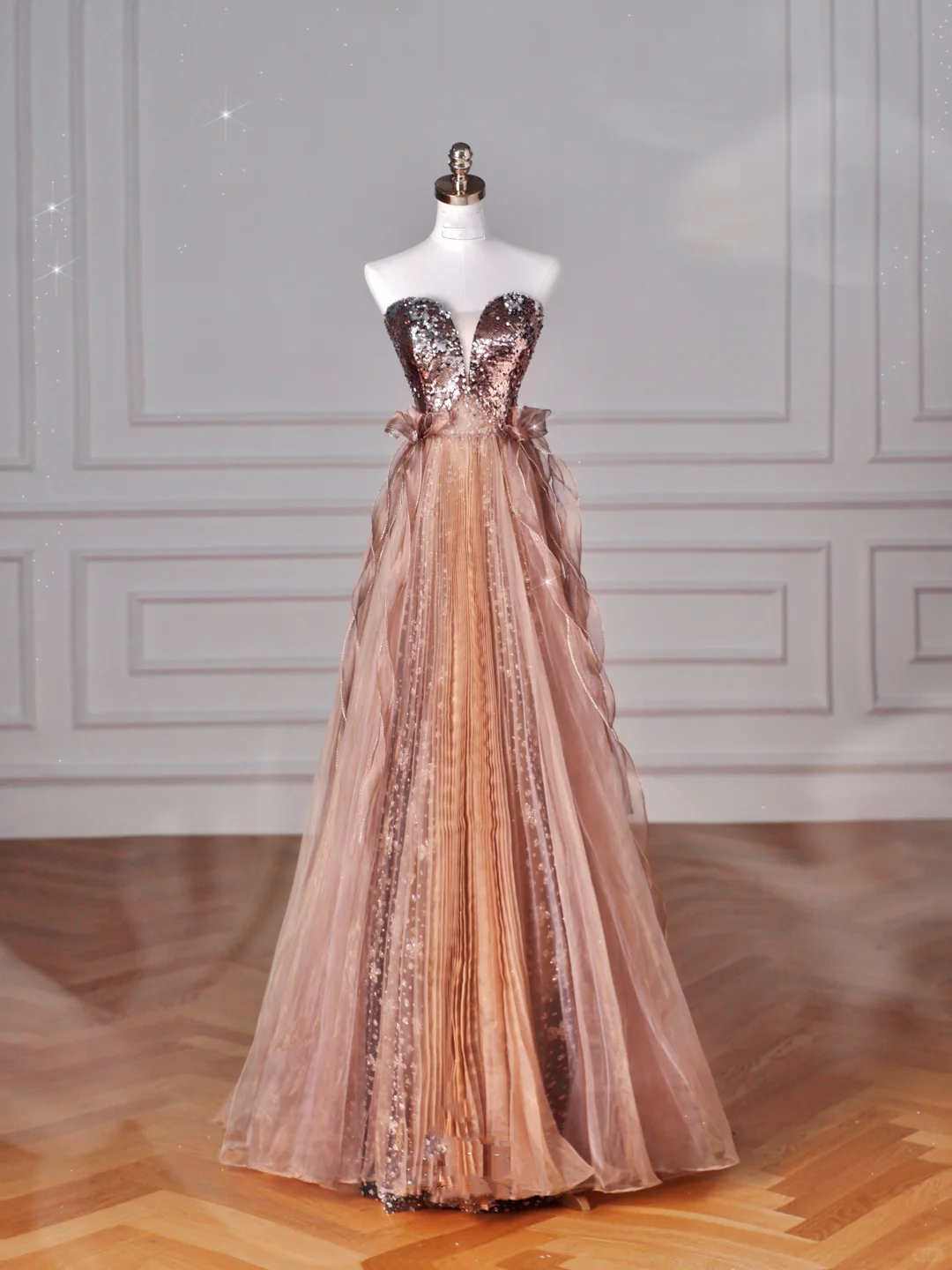 Vintage Rose Gold Strapless Tulle Sequins Beaded A Line Prom Dress Evening Dress Y8622 - VelvetHem