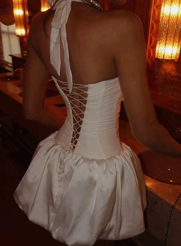 White Halter Satin A Line Short Birthday Party Dress Pretty Homecoming Dress - View 5 | VelvetHem