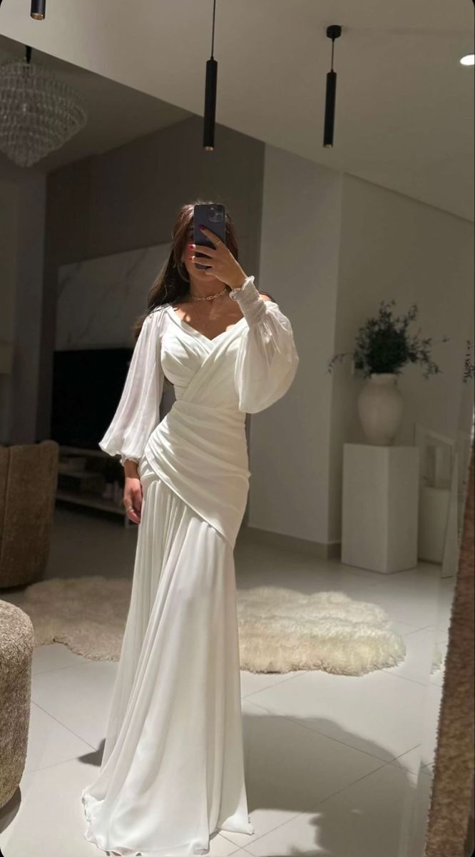 Pretty White Mermaid Ruched Party Prom Dress V Neck Long Evening Dress - VelvetHem