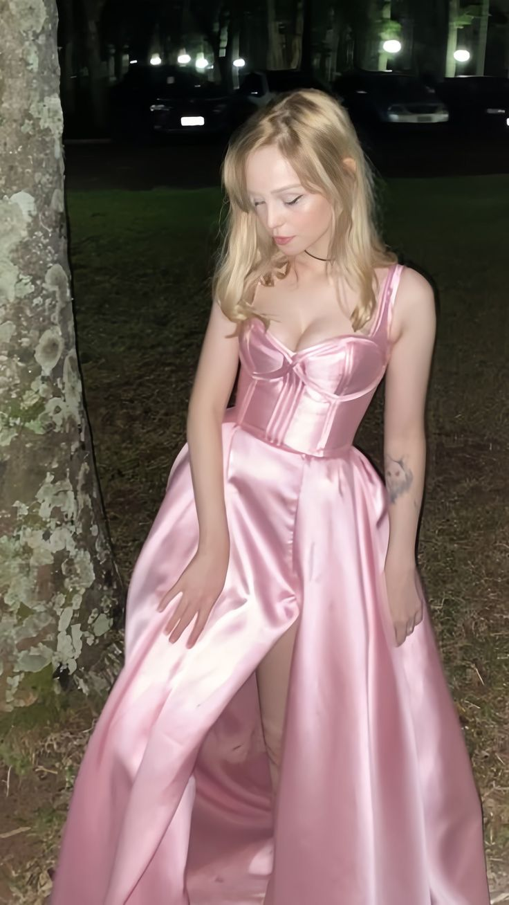 Simple Pink A-Line Satin Party Dress Side Slit Prom Dress Evening Dress Y8563 - VelvetHem