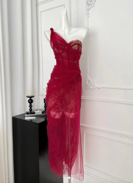 Pretty Burgundy Lace Tulle Prom Dress,One Shoulder Party Evening Dress - VelvetHem