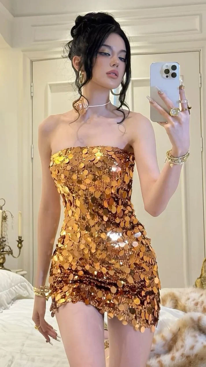 Beaautiful Gold Sequin Strapless Homecoming Dress Mini Cocktail Dress - VelvetHem