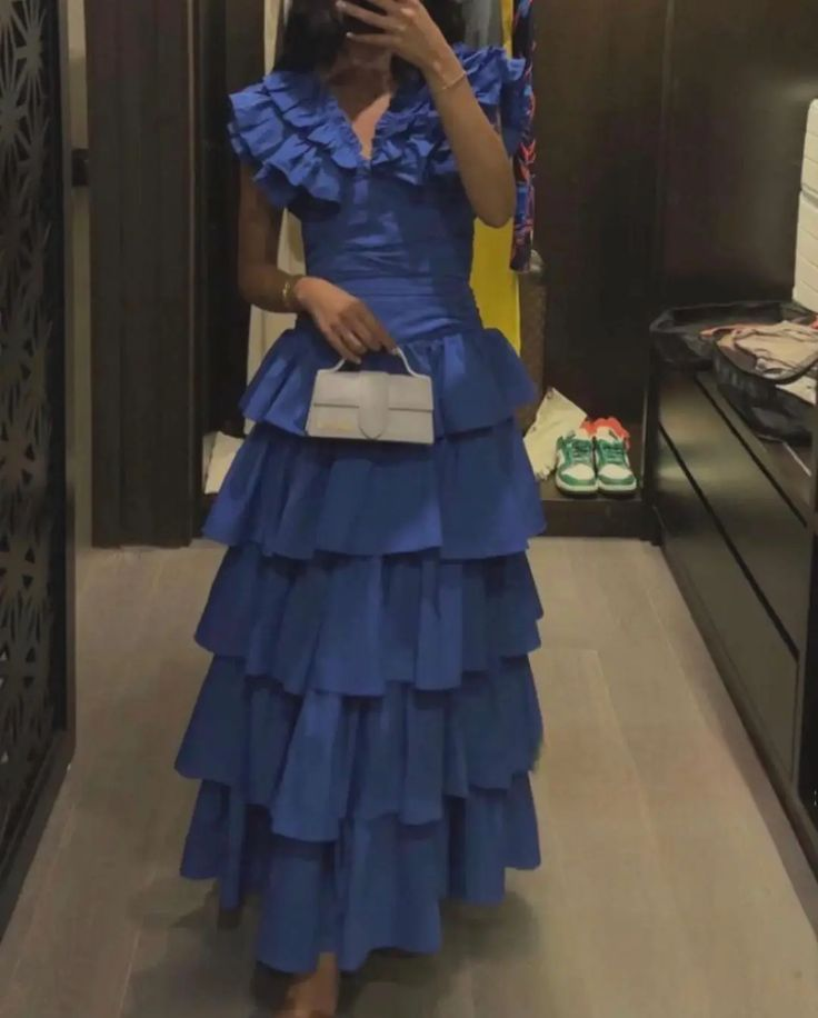 Elegant Blue Layered Party Dress A Line Prom Evening Gown - VelvetHem