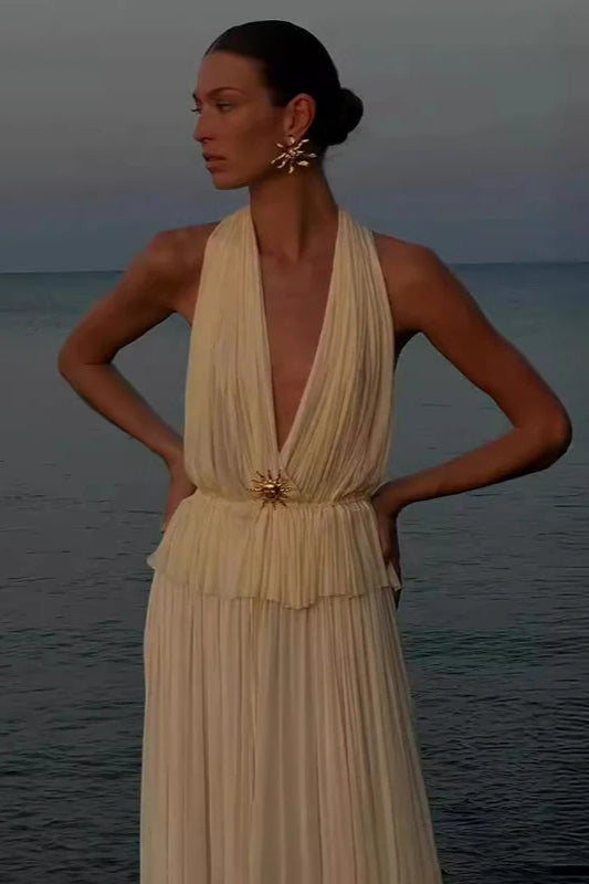Tailored Pleated Halter Top Dress for Modern Fashion Wear