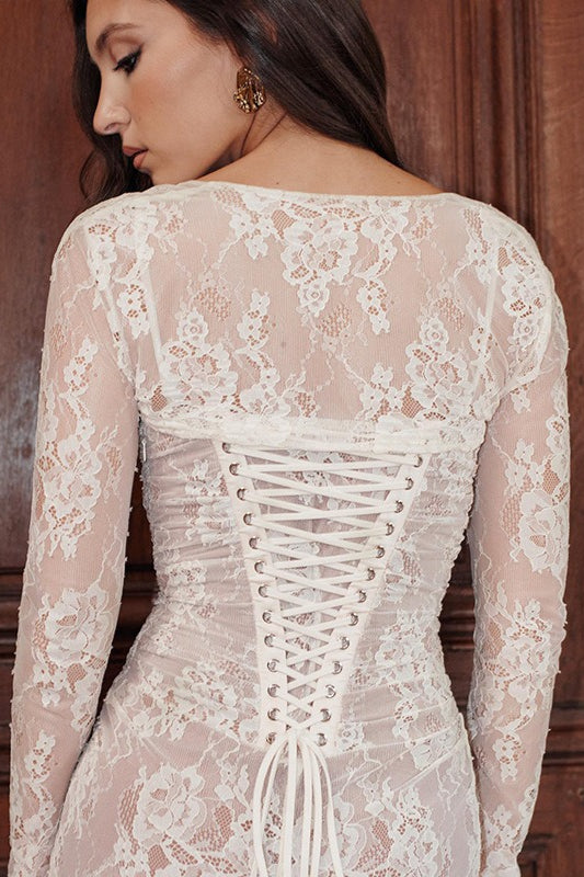 Crochet Lace Tie Back Long Sleeve Maxi Floral Dress