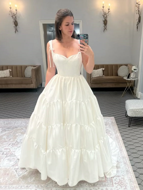 Satin Tiered Ball Gown Wedding Dress with Bow Straps - VelvetHem