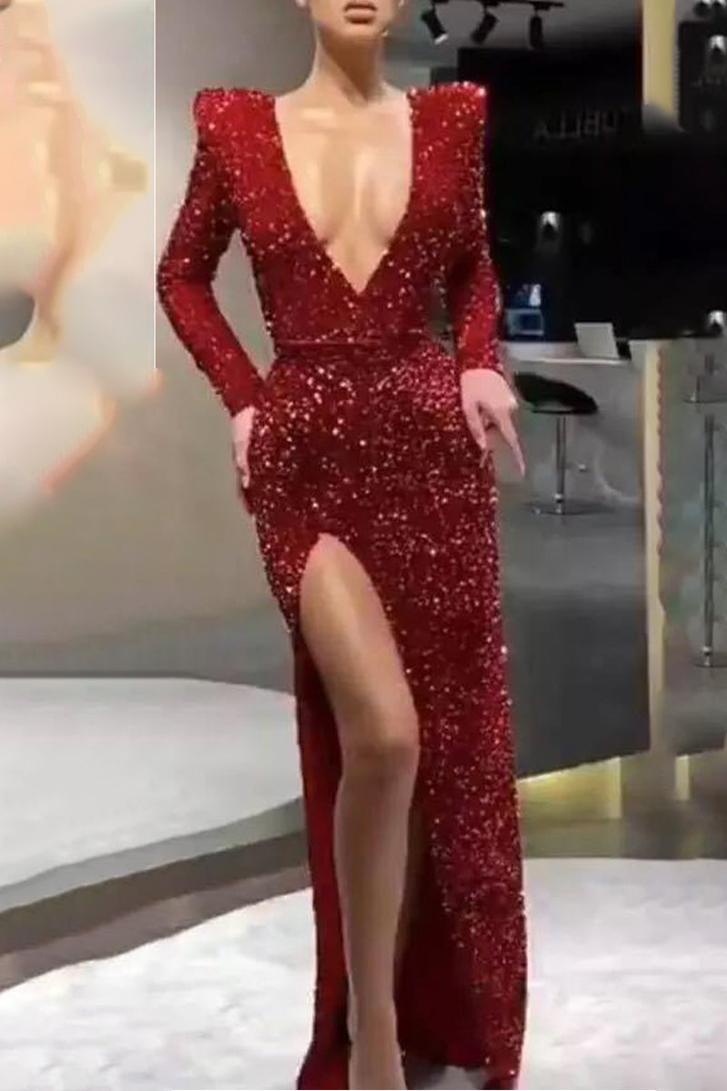 Sexy Formal Solid Sequined V Neck Evening Dress Dresses(3 Colors) - VelvetHem