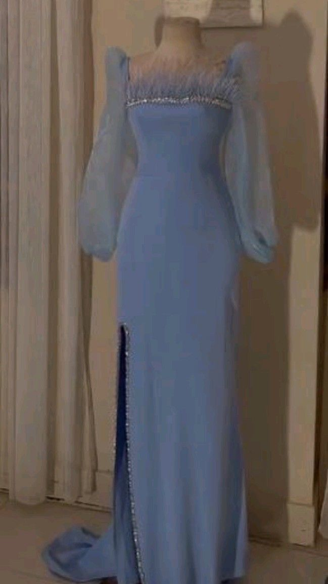 Elegant Blue Sequins Feathers Evening Dress Long Slit Prom Dress Party Gown Y7587 - VelvetHem