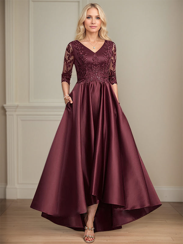 A-line V-Neck Asymmetrical Satin Lace Mother of the Bride Dress With Sequins - VelvetHem
